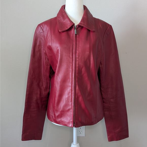 Oleg Cassini Jackets & Blazers - Oleg Cassini Vintage Red Leather Jacket Size Large Collared Zip-Up